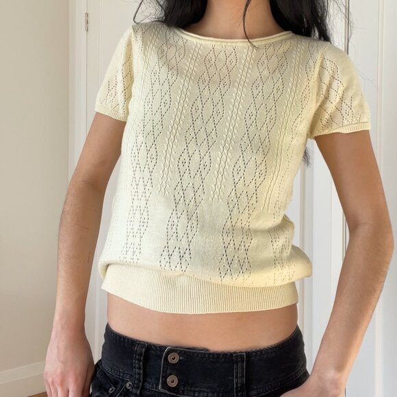 Vintage 2000s Suzy Shier Butter Yellow Knit Pointelle Top Ribbed Waist - Picture 7 of 7